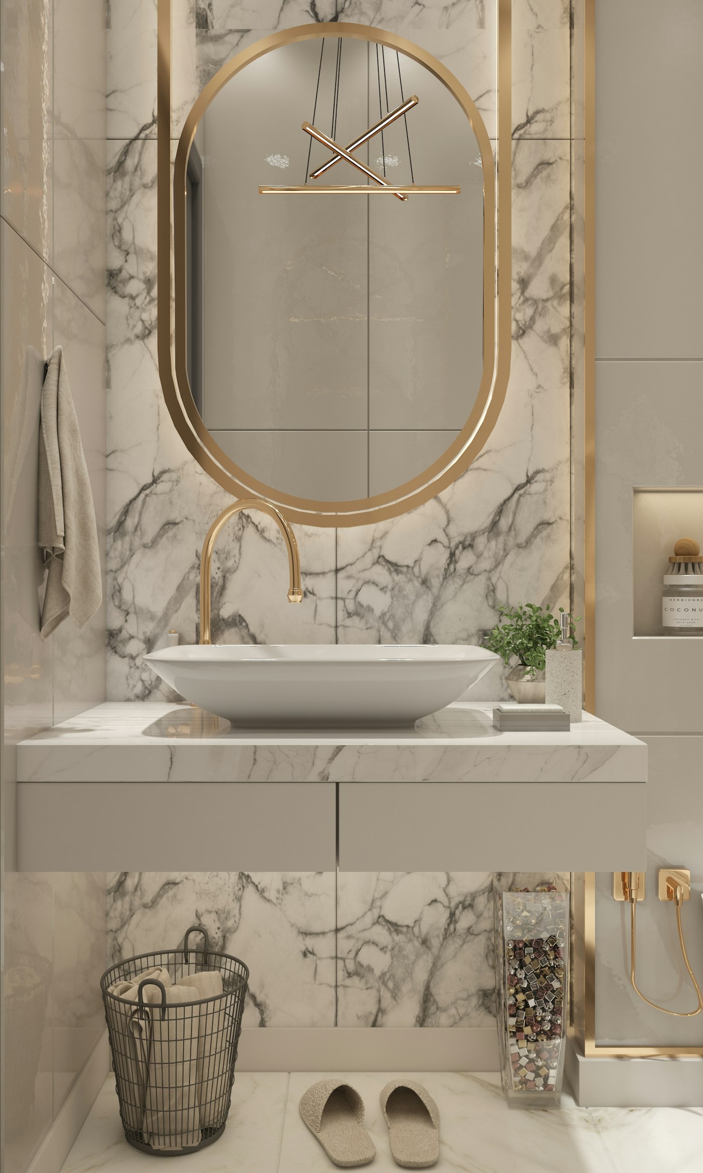 Klassieke marmeren badkamer met gouden accenten