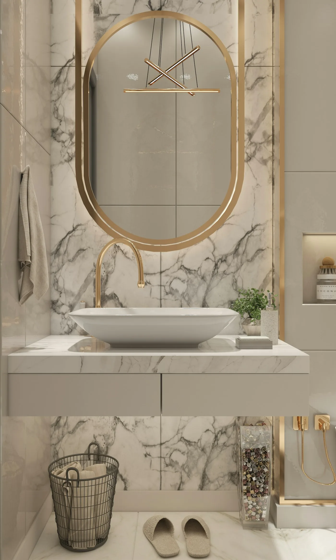 Klassieke marmeren badkamer met gouden accenten